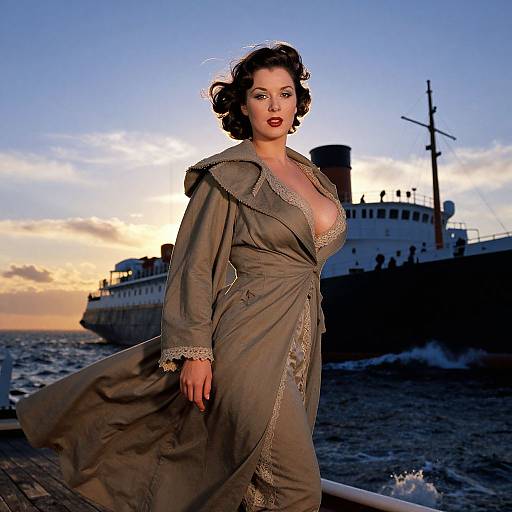Photograph of a curvy, fair-skinned woman with dark curly hair, wearing a low-cut, olive-green Victorian dress, standing on a ship