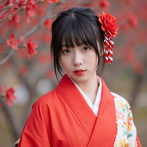 Photograph of an East Asian woman with black hair in a red kimono, adorned with a red flower hairpin, surrounded by red cherry blossoms