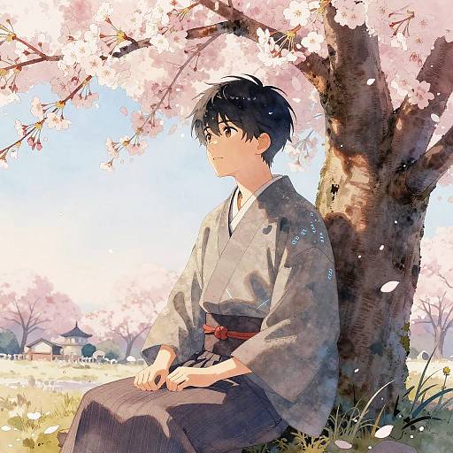 Anime Boy Under Cherry Blossoms