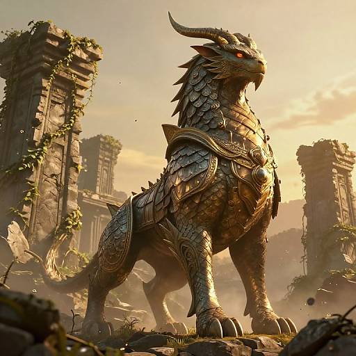Digital fantasy artwork of a metallic, dragon-like creature with sharp horns and armor, standing on ruins overgrown with vines, under a golden sunset sky.