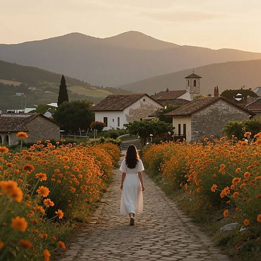 Photograph of a young girl in a white dress walking down a cobblestone path lined with vibrant orange flowers, leading to a quaint village with stone