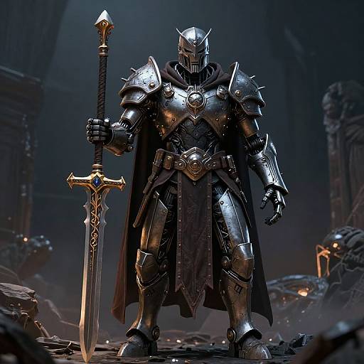 CGI image of a towering, armored knight with a horned helmet, holding an ornate sword in a dimly lit, rocky dungeon.