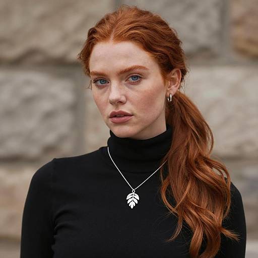 Redhead Woman in Black Turtleneck with Leaf Necklace
