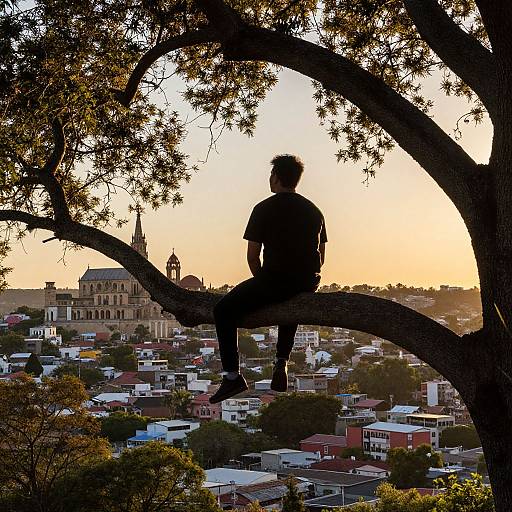 Silhouetted man sitting on tree branch at sunset, overlooking cityscape with church spire in background, vibrant rooftops below. Photograph.