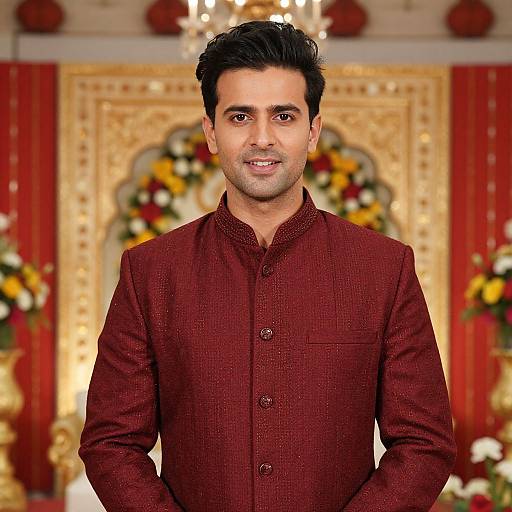 Photograph of a smiling Indian man with dark hair, wearing a maroon traditional shirt, standing in front of an ornate, gold-accented