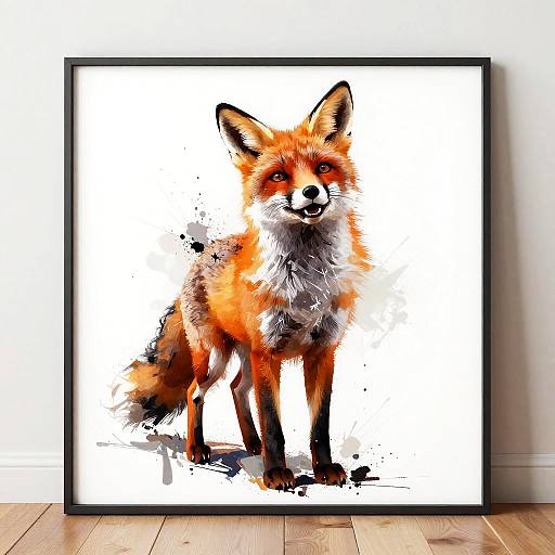 Watercolor-style painting of a red fox with black ears and legs, white chest, and vibrant orange fur, framed and displayed on a wooden floor against