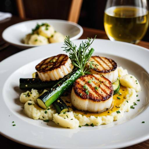 Seared Scallops with Mashed Potatoes and Grilled Zucchini