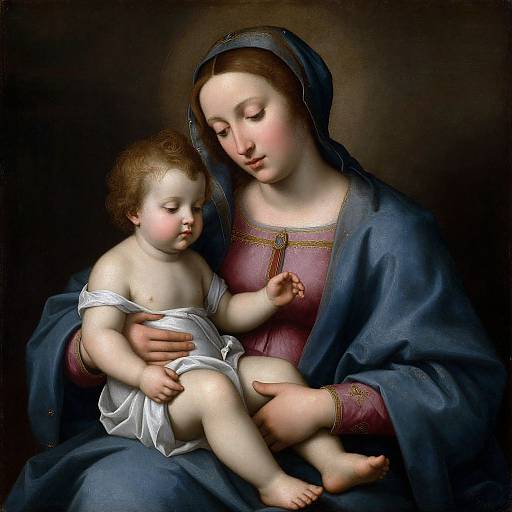 Digital painting of a serene Madonna and Child, featuring a fair-skinned woman in blue and red robes, gently holding a nude, chubby baby with a
