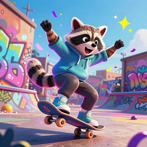 CGI image of a joyful raccoon in a blue hoodie, skating in a vibrant, graffiti-covered urban skatepark with bright, colorful background.