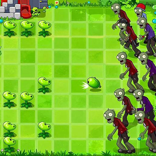 Digital cartoon: Green-eyed zombies in ragged clothes chase small, green, plant-like creatures across a bright, grid-patterned grassy field.