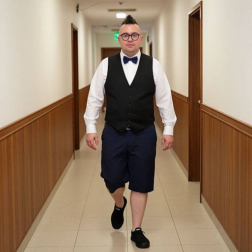 Photograph of a man with short black hair, glasses, black vest, white shirt, black bowtie, black knee-length shorts, black shoes,