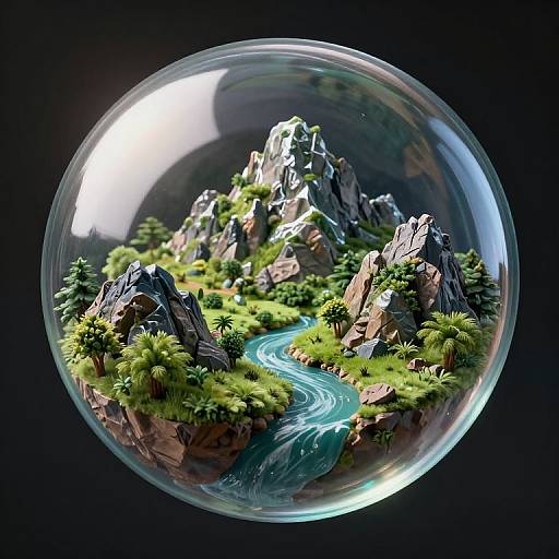 Photorealistic CGI of a mini mountain landscape with a winding blue river inside a transparent glass bubble, set against a black background.