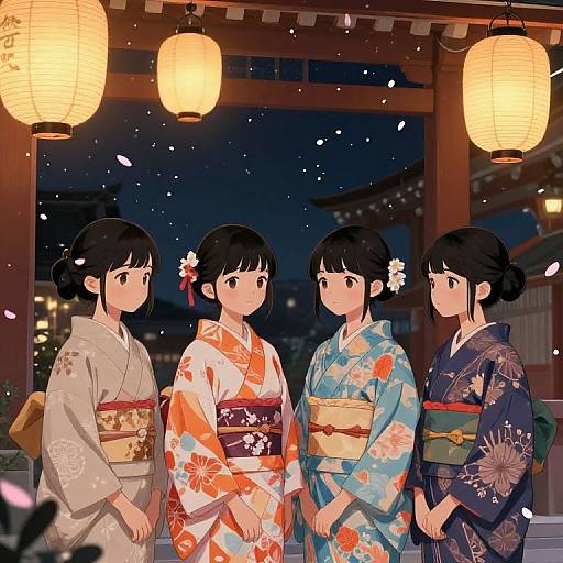 Anime-style illustration of four Japanese women in colorful kimonos, standing under warm paper lanterns at night, with cherry blossom petals falling.