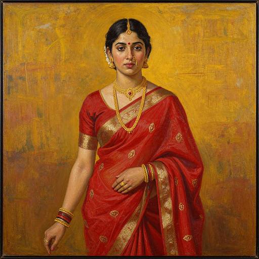 Painting of an Indian woman in a red sari with gold trim, wearing gold jewelry, black hair in a bun, against a golden textured background