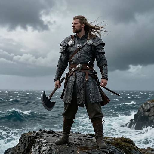 Photograph of a muscular, long-haired Viking warrior with beard, standing on rocky cliff, wearing armored gray tunic, holding axe, ocean waves crashing