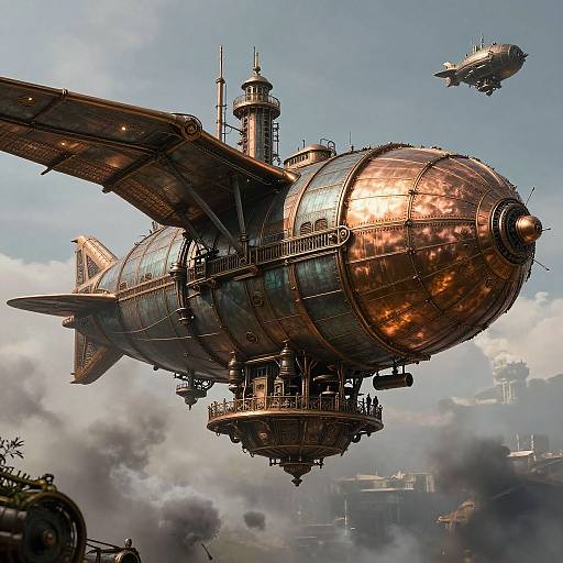 Steampunk-style airship with a large, copper-nosed, winged body and detailed machinery, flying amidst a cloudy sky with another airship