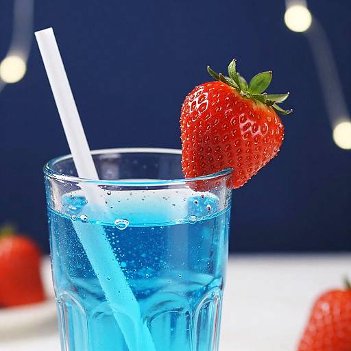 Vibrant Strawberry on Glowing Blue Glass