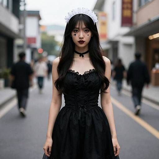 Photograph of an Asian woman with long black hair, wearing a black gothic dress, white lace headband, and black choker, standing on
