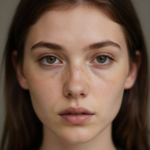 Photographic portrait of a young Caucasian woman with fair skin, blue eyes, brown eyebrows, and straight brown hair, gazing directly at the camera.