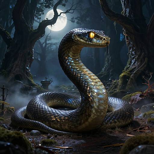 Digital art of a glowing, yellow-eyed snake with shiny scales in a dark, moonlit forest, surrounded by mist and moss-covered trees.