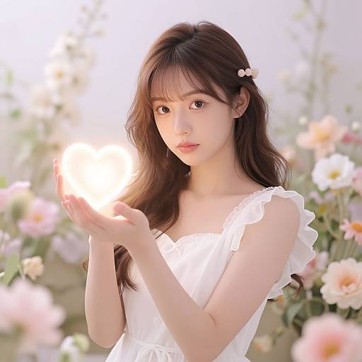 Photograph of a young Asian woman with long, dark brown hair, wearing a white, sleeveless floral dress, holding a glowing sunflower in a