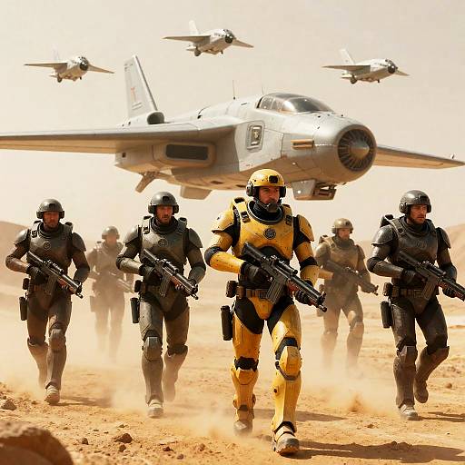 Dynamic Sci-Fi Battle in Desert Landscape