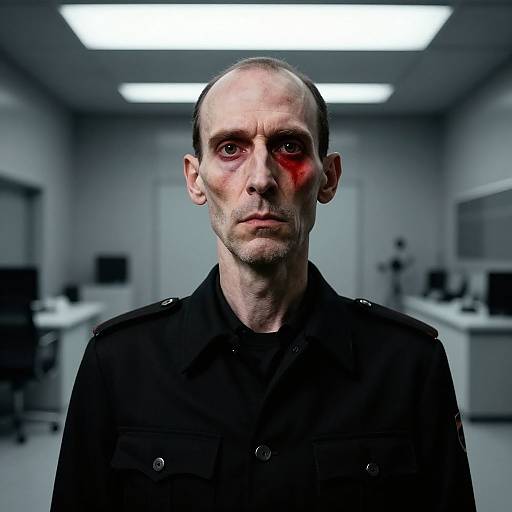 Photorealistic digital artwork of a bald, pale-skinned man with a red eye injury, wearing a black uniform, in a sterile, brightly lit