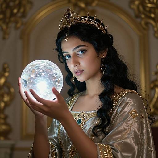 Photograph of a beautiful, dark-haired woman with a golden crown, holding a glowing white moon in her hands, wearing an ornate silver and gold