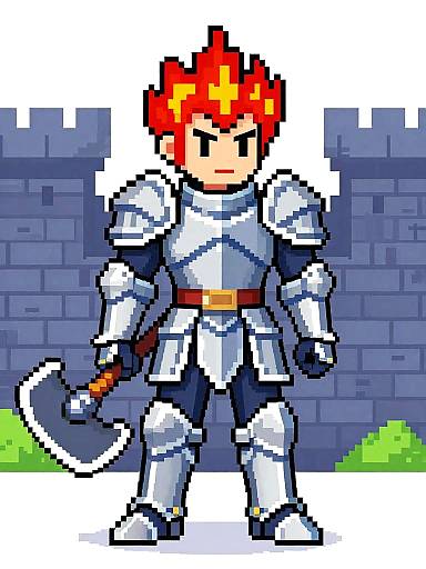 Pixel art of a red-haired knight in silver armor, holding a axe, standing in front of a blue brick castle wall.