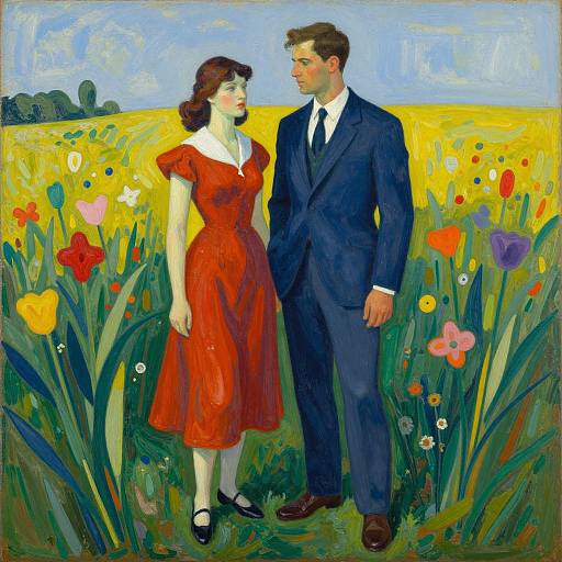 Impressionist-style painting of a couple in a vibrant flower field; woman in red dress, man in blue suit, standing closely.