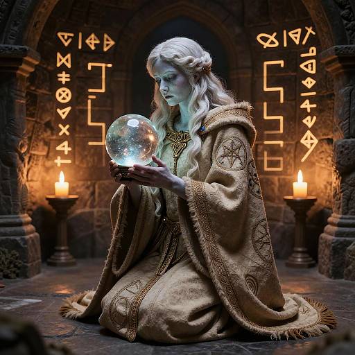 Photograph-style digital art of a white-haired, fair-skinned woman in medieval robe, holding a glowing crystal orb, surrounded by runes and candles in