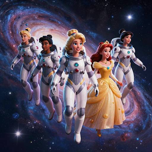Digital artwork of five animated women in white space suits with colorful buttons, walking through a colorful galaxy, led by a princess in a yellow ball gown.