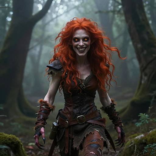 Digital artwork of a terrifying, pale-skinned, red-haired witch with wild hair, black makeup, and dark leather armor, grinning in a mist