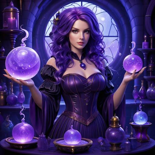 Purple-Haired Witch with Bubbling Potions