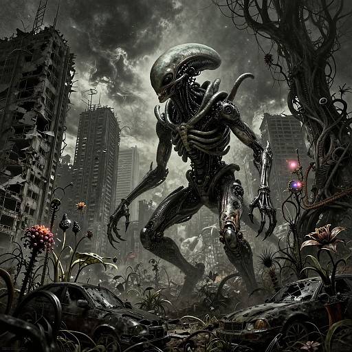 Digital artwork: A muscular, black, alien creature with a glossy, elongated head and sharp claws stands menacingly in a ruined, overgrown city