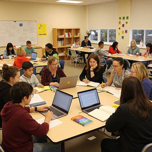 Photograph of a classroom with diverse group of students, mostly teenagers, sitting at tables using laptops, engaged in a collaborative activity. Bright, well-l