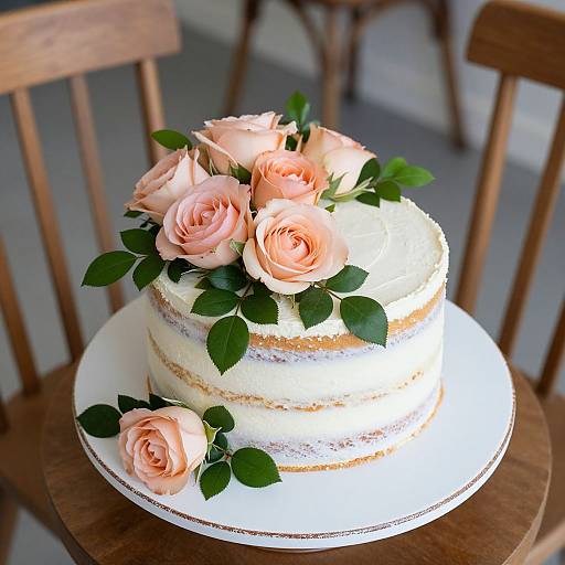 Photograph of a two-tiered white cake with pink roses and green leaves, on a wooden chair, outdoor setting.