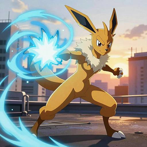Digital illustration of Jolteon, a yellow, fox-like Pokémon with a white mane, summoning blue electric energy in an urban rooftop setting at