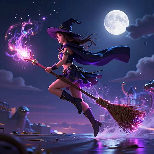 Digital artwork of a witch in a purple outfit and hat, flying on a broomstick under a full moon, casting a glowing purple spell. Background
