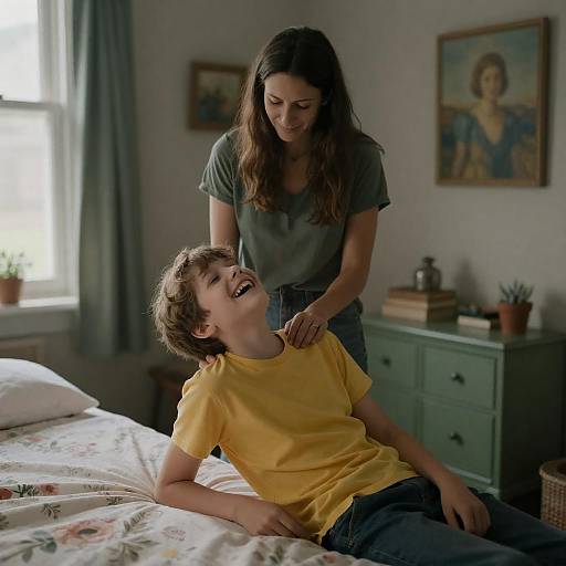 Warm Family Moment in Dim Bedroom