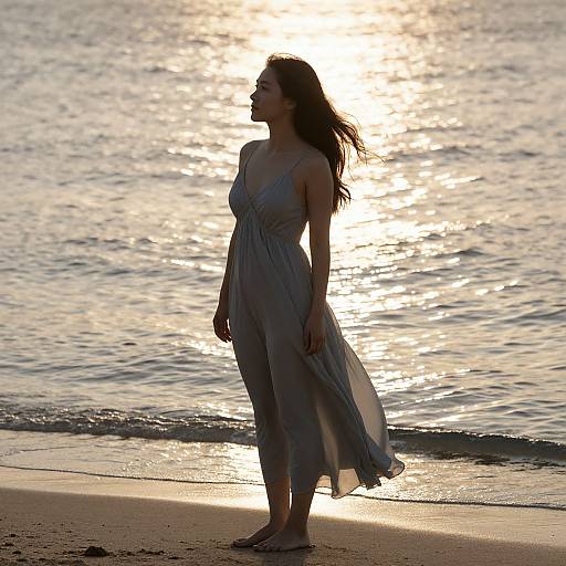 Photograph of a woman in a flowing, light gray dress standing on a beach at sunset, with the sun glowing behind her.