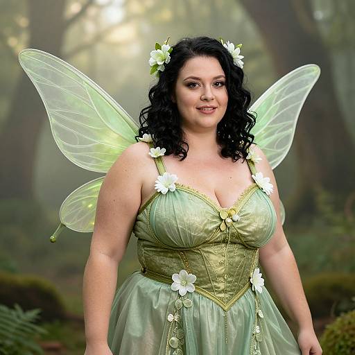 Photograph of a curvy, fair-skinned woman with black curly hair, green fairy wings, and white flower hairpiece, wearing a green cor