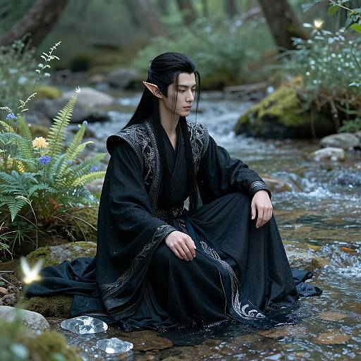 Digital fantasy artwork of an elven man with long black hair, pointed ears, wearing a detailed black robe, sitting by a flowing forest stream with glowing