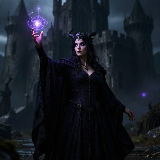 Mysterious witch in black robes and horned headpiece casts glowing purple magic in front of a dark, Gothic castle at night.