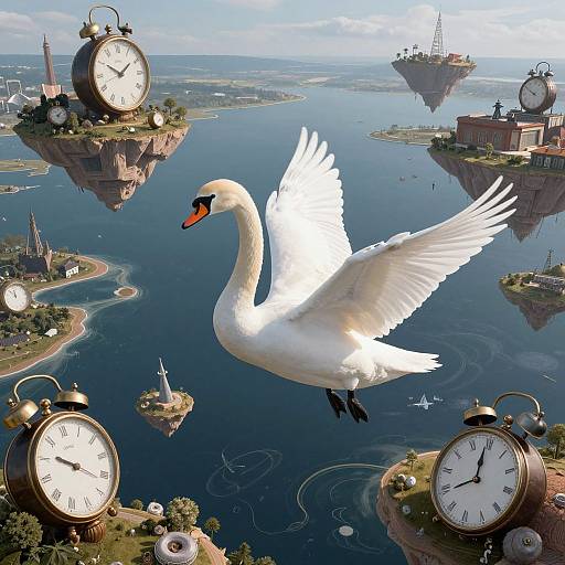 Fantastical CGI image: A white swan with outstretched wings flies over floating clock islands surrounded by a serene, blue-water landscape. Clock