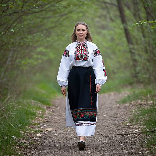 Photograph of a smiling young woman with long brown hair, wearing a white embroidered blouse and black skirt, walking on a forest path. Green trees and