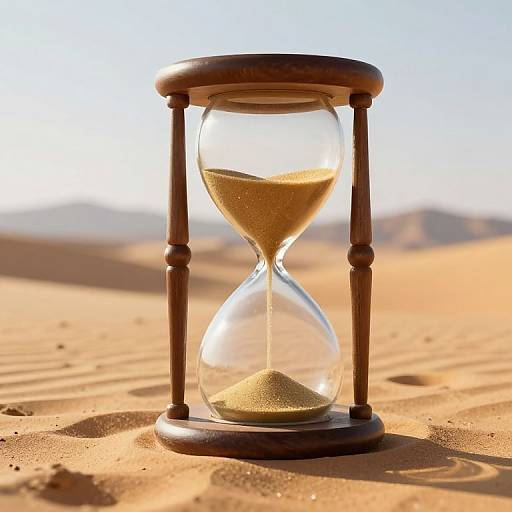 Photograph of a wooden hourglass on sandy desert ground, with golden sand flowing, under bright sunlight, and distant blurred dunes.