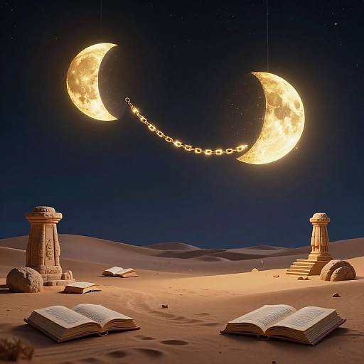 Photograph-style digital art: glowing crescent moons with a string of stars over a desert with ancient stone pillars and open books.