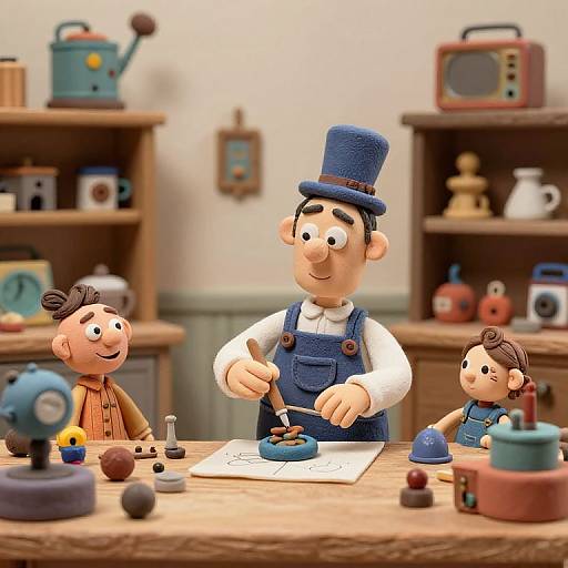 Photograph of colorful, 3D toy figurines depicting a man in blue overalls and hat, painting at wooden table with children. Background: