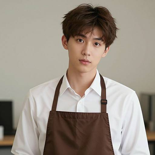 Photograph of an Asian male chef with short, dark hair, wearing a white shirt and brown apron, standing against a plain, light gray background